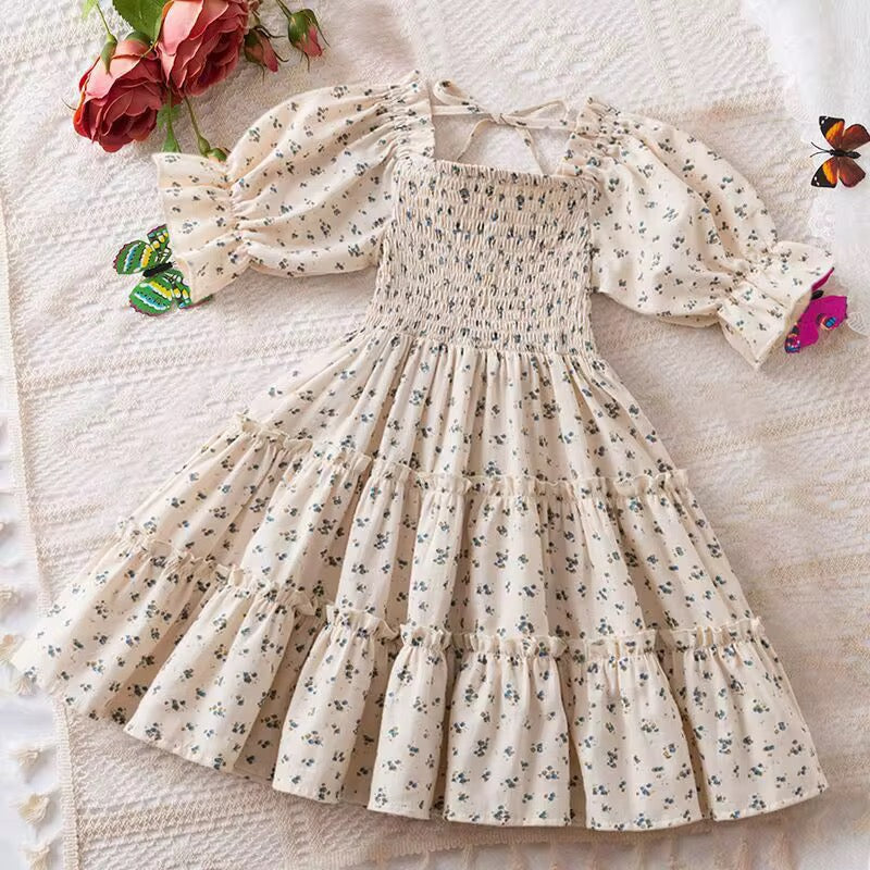 Cream Tiered Dress w/ Blue Floral