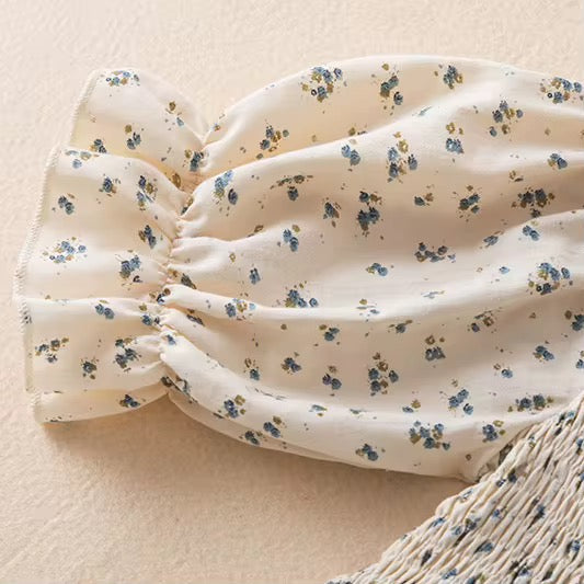 Cream Tiered Dress w/ Blue Floral