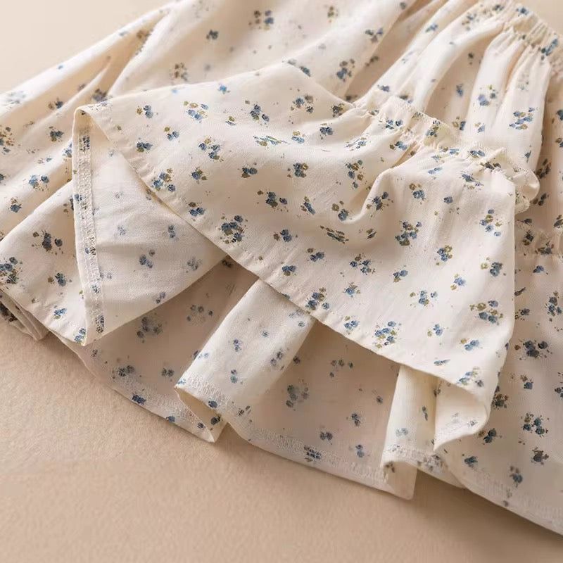 Cream Tiered Dress w/ Blue Floral