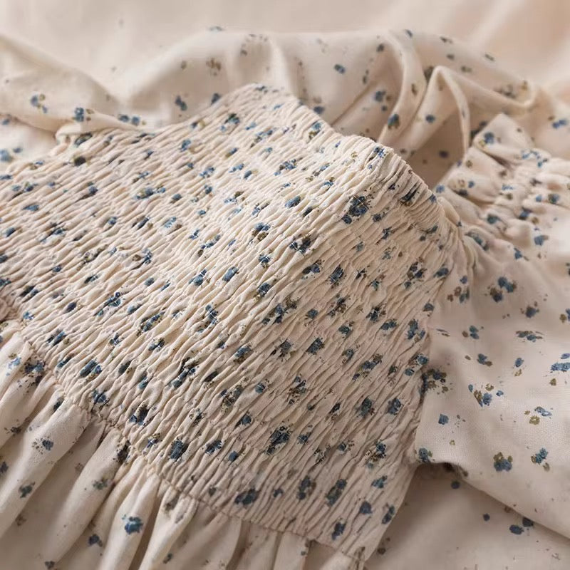 Cream Tiered Dress w/ Blue Floral