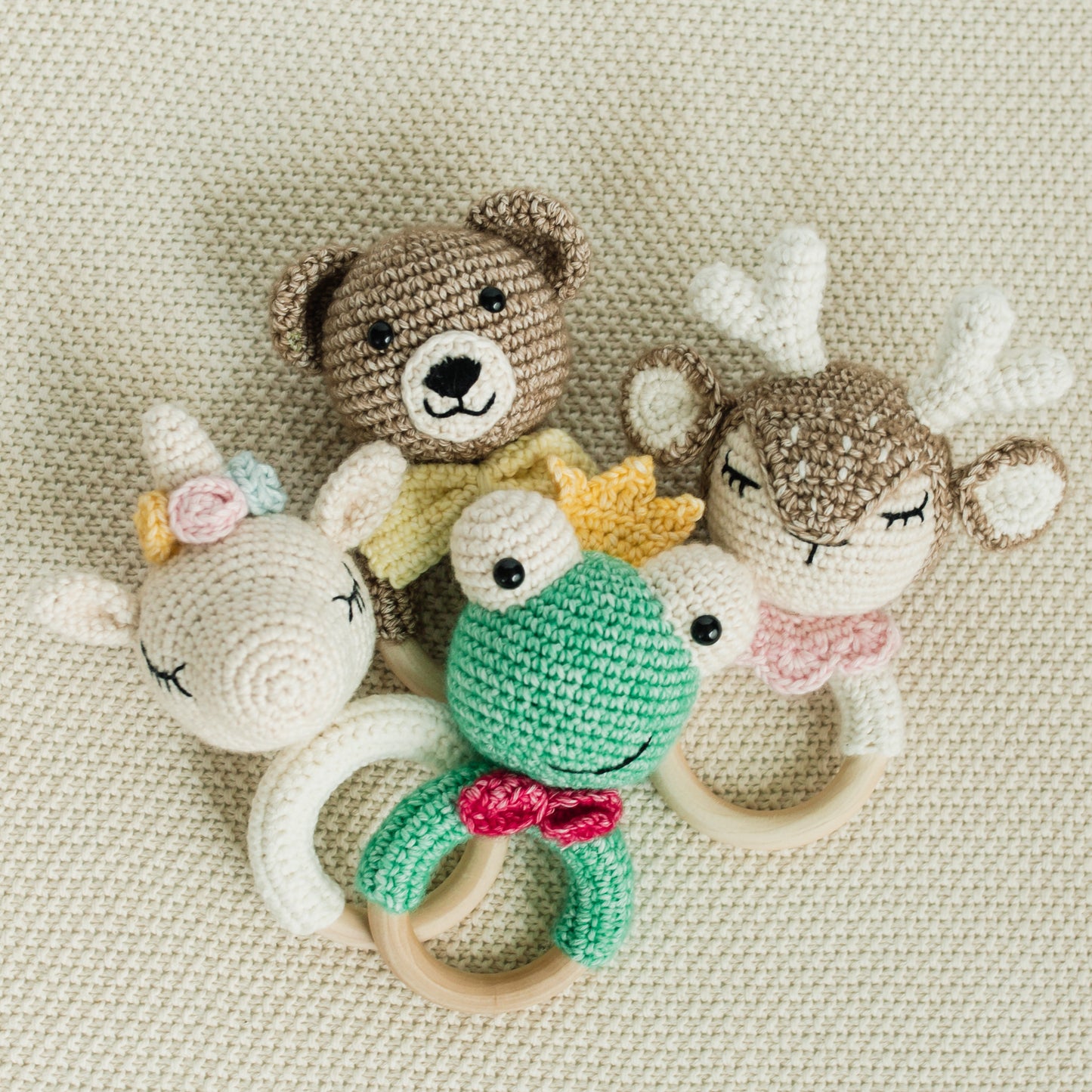 Crocheted Animal Rattle w/ Wooden Teether