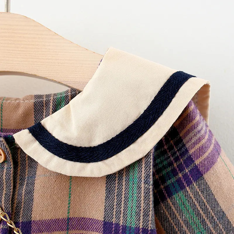 Collared Tan Plaid Dress with Teddy Bear