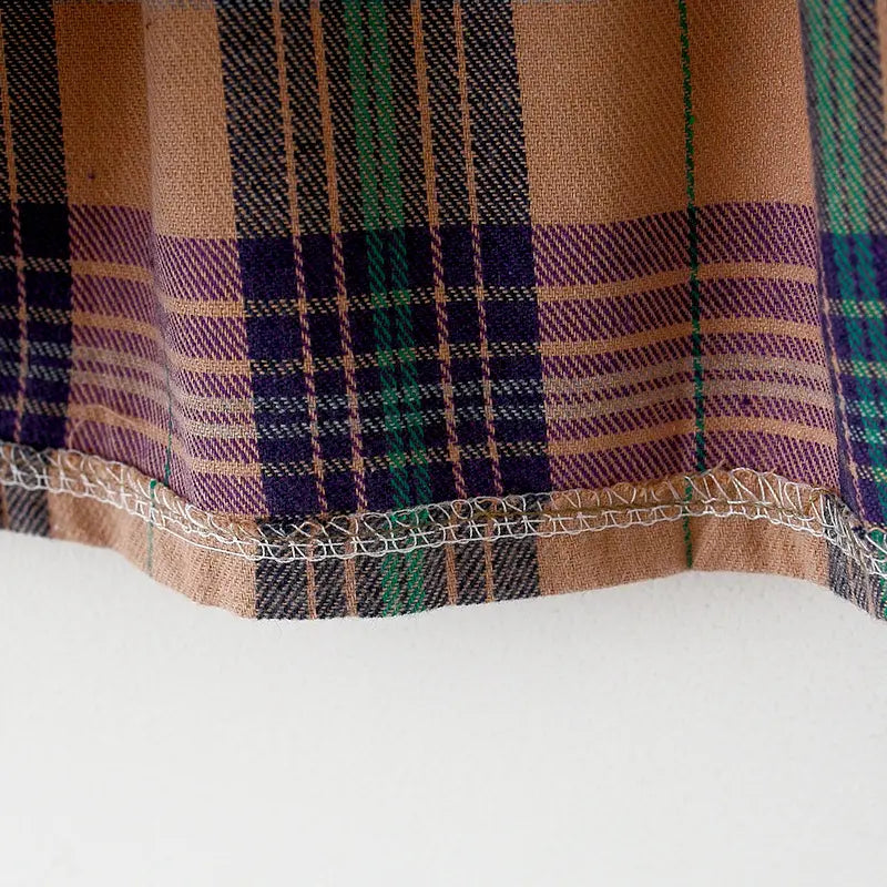 Collared Tan Plaid Dress with Teddy Bear