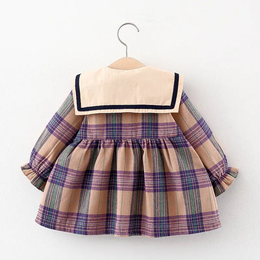 Collared Tan Plaid Dress with Teddy Bear