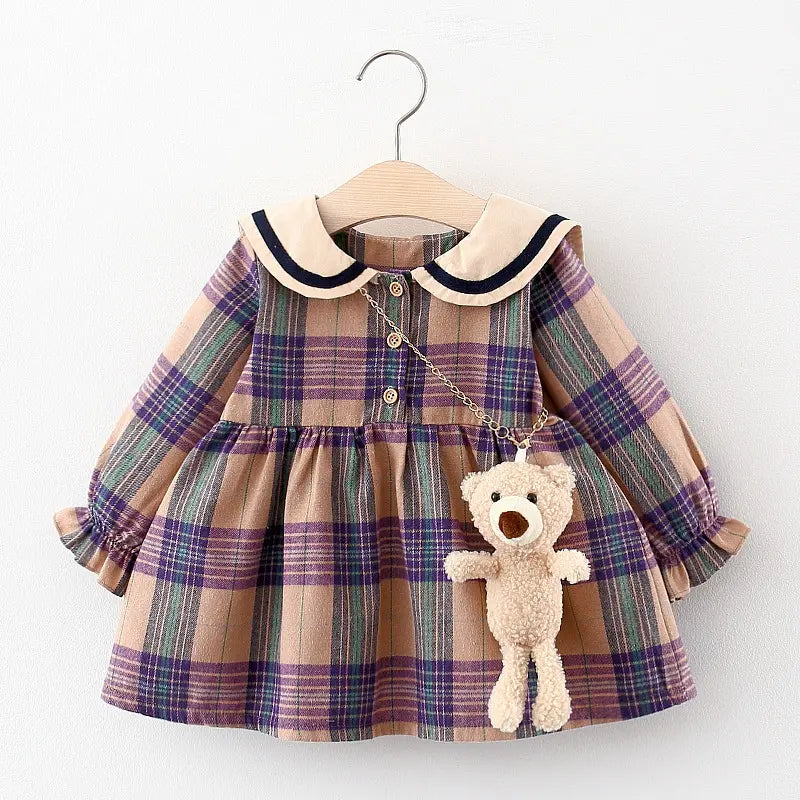 Collared Tan Plaid Dress with Teddy Bear