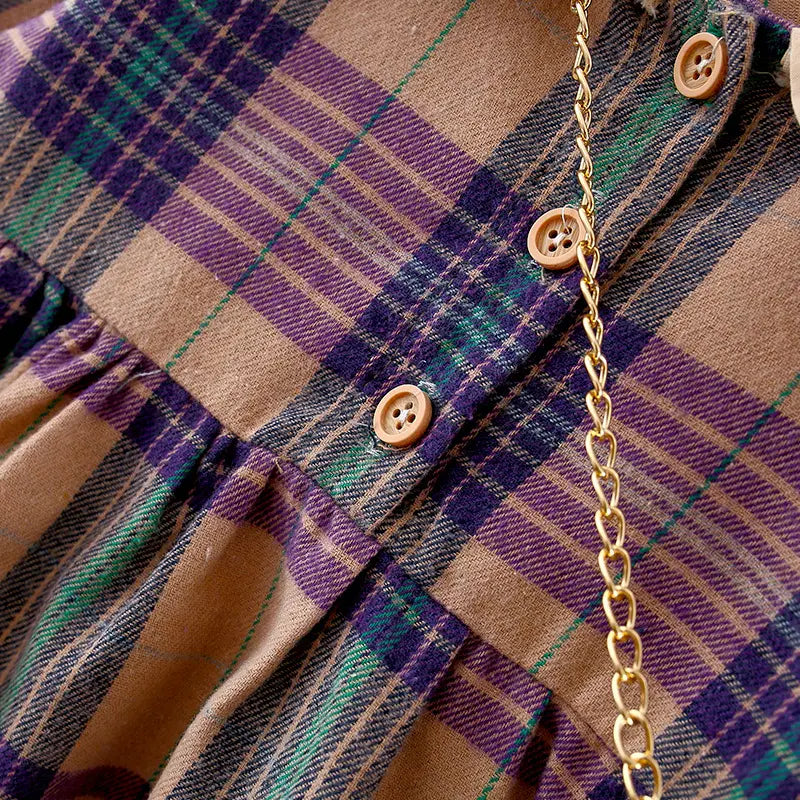 Collared Tan Plaid Dress with Teddy Bear